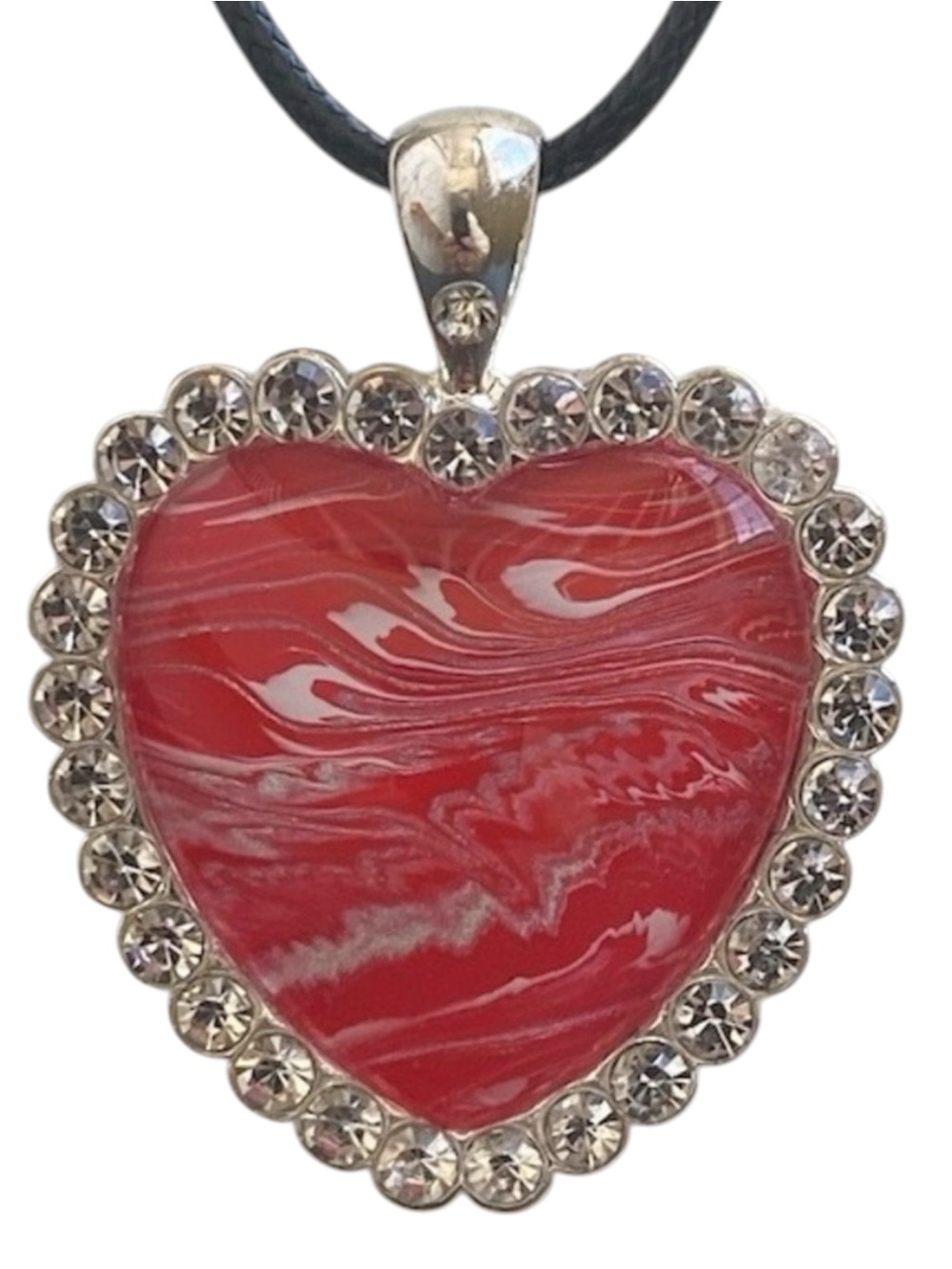 Hand Crafted Necklace Red and Silver Heart Fluid Art Pendant by Svetlana Yeung